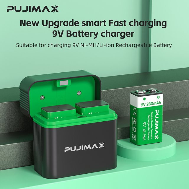 PUJIMAX 9V Ni-MH Akku-Set mit Ladegerät, 280mAh, Farbe: Grün - Bild 1