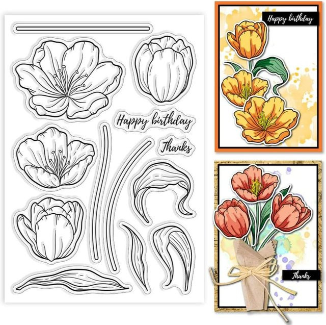 Transparente Tulpen Stempel für DIY Scrapbooking mit Blumen und Blättern - Bild 1