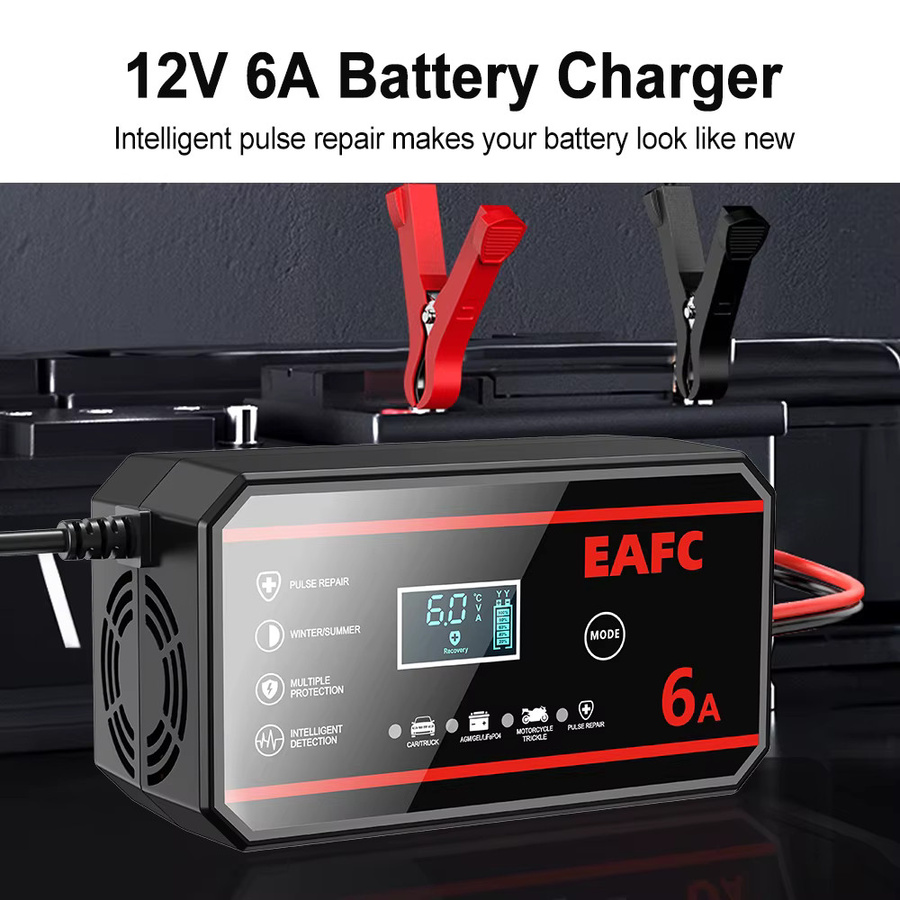EAFC Tragbares Smart Batterieladegerät für Lithium LiFePO4 und Blei-Säure-Batterien, 12V, Schwarz - Bild 2
