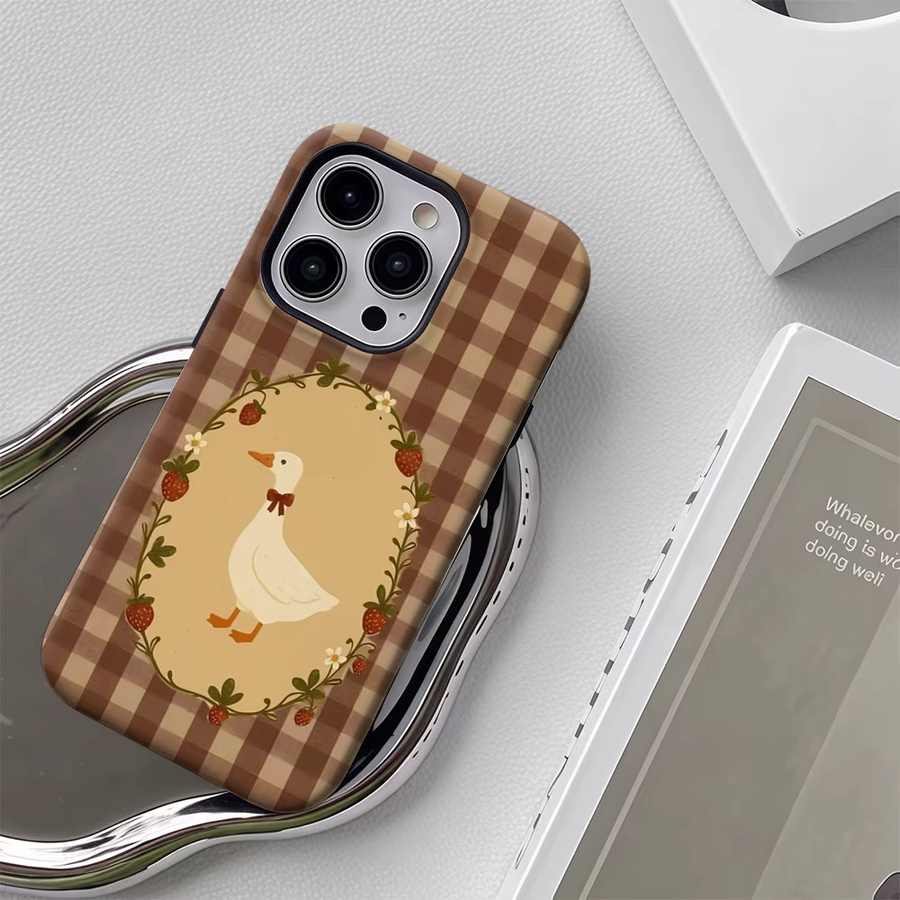 Potdemiel Handyhülle mit Erdbeer-Enten-Design für iPhone 17 16 15 14 13 Pro Max Plus, magnetisch, braun, robuste Doppel- und Einzelschicht-Schutzhülle - Bild 4