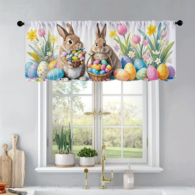 VIKAMA Osterhase Küchenfenstervorhang mit Stangenlöchern, halbtransparenter Vorhang mit Tiermotiv in Multicolour - Bild 1