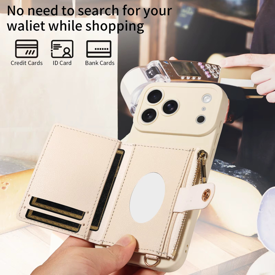 EAACAA Leder-Handyhülle für iPhone mit Spiegel und perlenbesetztem Riemen, stoßfeste Schutzhülle in Schwarz oder Beige - Bild 3