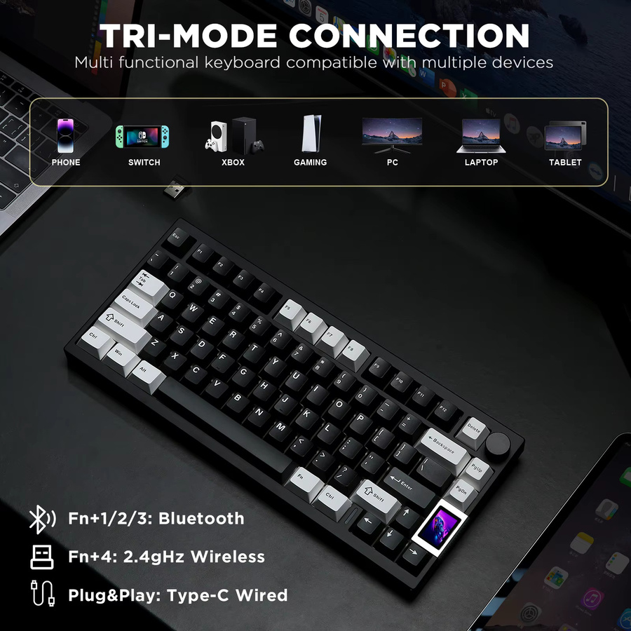 YUNZII AL80 Mechanische Gaming-Tastatur in Schwarz mit Aluminiumgehäuse, kabellose Bluetooth-Verbindung, Hot-Swap, QMK/VIA-Unterstützung und intelligentem LCD-Display mit Funktionsknopf - Bild 3
