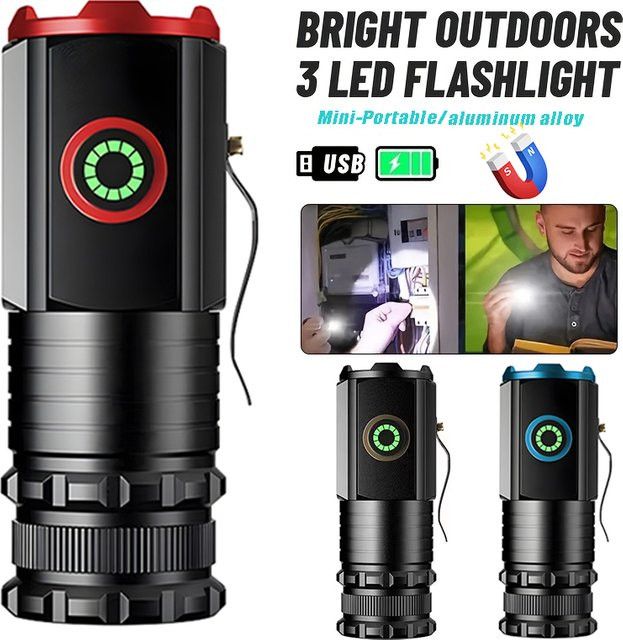 XIWANGFIRE Taktische Mini-Taschenlampe mit 3 LEDs, wiederaufladbare EDC-Taschenlampe mit Magnet und Seitenclip - Bild 1