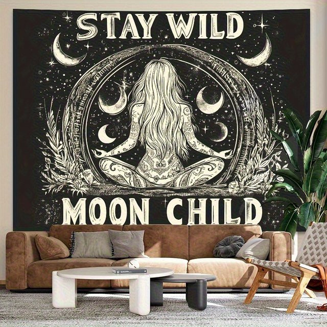 VIKAMA Stay Wild Moon Child Wandteppich Dark Forest Astrology Wandbehang in Schwarz für dein Schlafzimmer oder Yoga-Studio - Bild 1