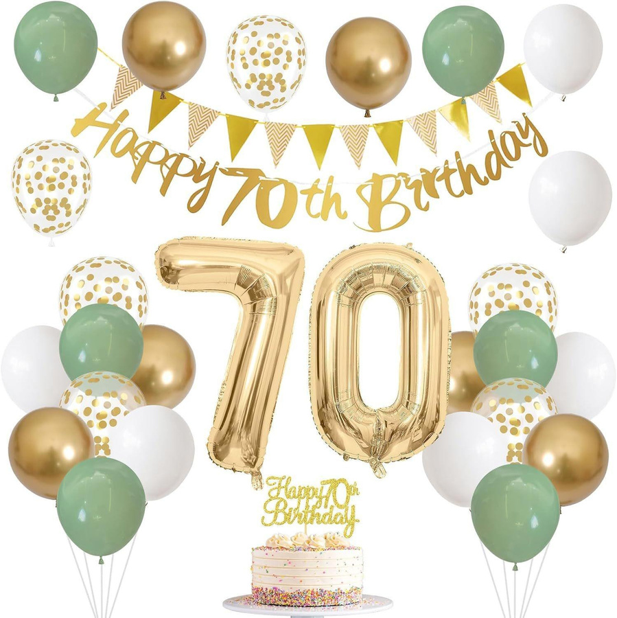 Dekorationsset für Geburtstag und Neujahr mit Flagge, Ballon-Steckern und Aluminiumfolienballons in Grün, Gold und Weiß - Bild 1