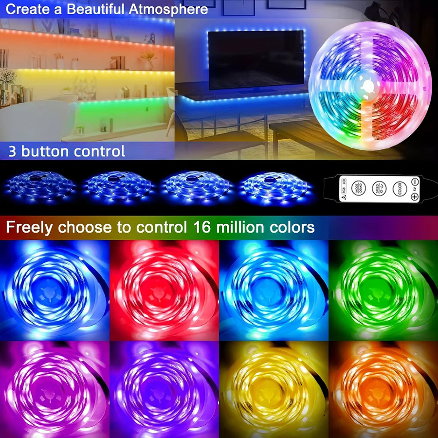 FRST SMD3535 LED-Streifen mit USB-Anschluss und 3-Tasten-Knopfsteuerung, flexibler LED-Beleuchtungsstreifen mit 7 Farbwechseln für deine Schlafzimmerdekoration - Bild 4
