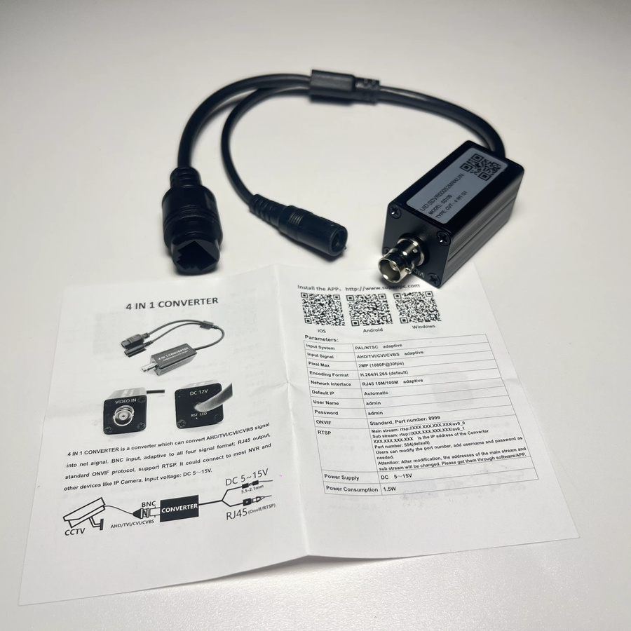 AJXML 4-in-1 Konverter Adapter für Sicherheitsüberwachungs-Videokameras, 1080P AHD CVI TVI CVBS zu IP-System, Schwarz - Bild 2