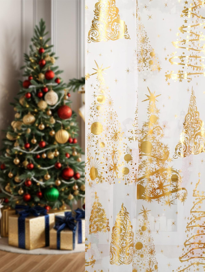 Yiran Furniture Weihnachtsbäume Vorhang mit Goldfolie, semi-transparent, Farbe: Weiß-Gold, B: 100 cm, H: 130 cm - Bild 2