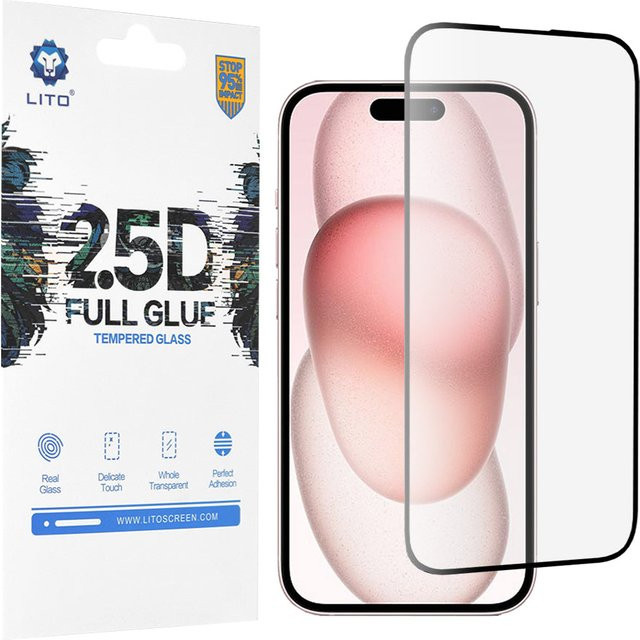Lito Displayschutzfolie aus gehärtetem Glas für Apple iPhone 15, Full Glue, 2.5D, Schwarz und Transparent - Bild 1