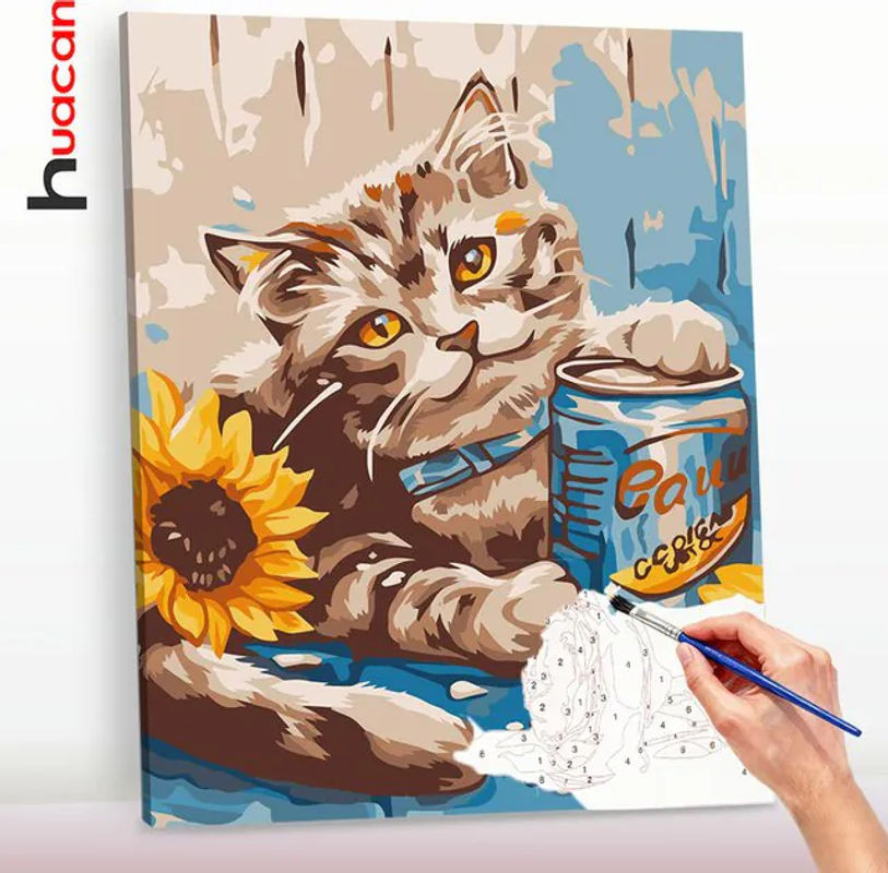 Huacan Malen nach Zahlen Set mit Katzenmotiv und Sonnenblumen, mehrfarbiges Ölgemälde für Erwachsene, B/H: 40 x 50 cm - Bild 1