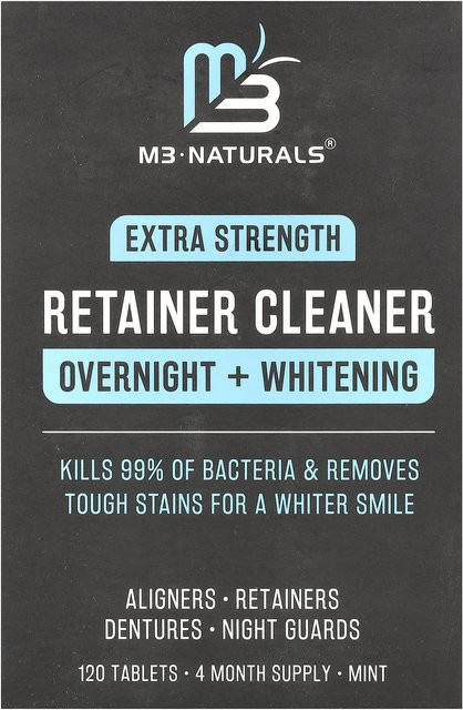 M3 Naturals Retainer Cleaner Overnight + Whitening, Extra Strength, Mint, 120 Tablets - Bild 1