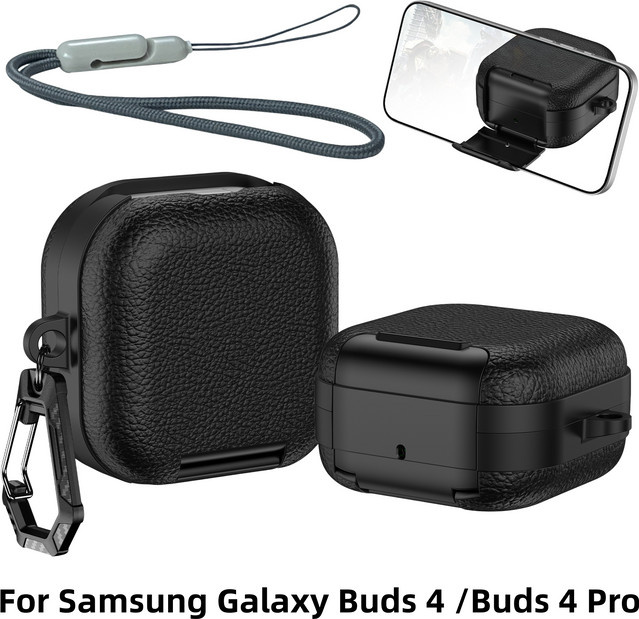 Schutzhülle für Samsung Galaxy Buds 4 und Galaxy Buds 4 Pro mit Ledertextur und Telefonständer in Schwarz und Grün - Bild 1