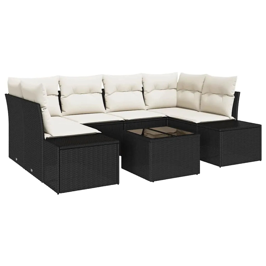 vidaXL Garten-Sofa-Set 7-teilig aus Polyrattan in Schwarz mit beigefarbenen Polstern und Couchtisch in U-Form - Bild 2