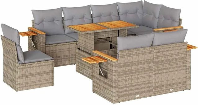 vidaXL 9-teilige Garten-Sofagarnitur aus Poly-Rattan und Akazienholz in Beige-Grau mit Kissen - Bild 1