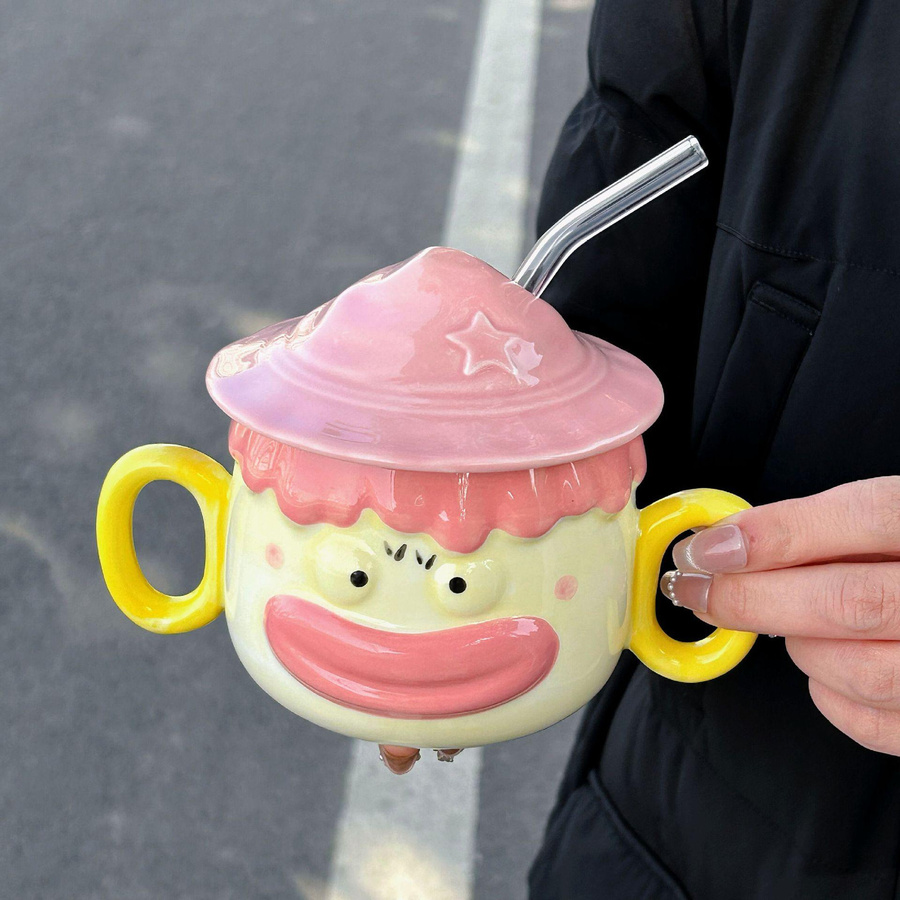 Niedriger Keramik-Trinkbecher für Mädchen mit Deckel und lustigem Paar-Design, erhältlich in Schwarz, Grün, Rot oder Mehrfarbig, Volumen: 301-400 ml - Bild 1
