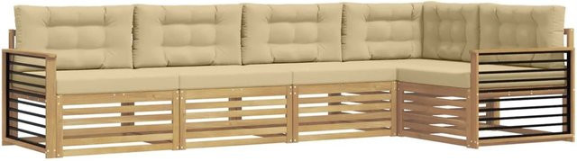 vidaXL Outdoor-Sofagarnitur in L-Form aus Akazienholz mit Kissen, 6-teilig, Weiß und Beige - Bild 1