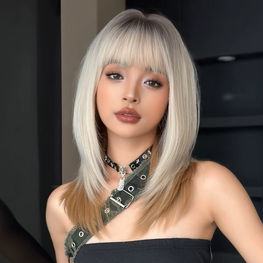 7JHH WIGS Perücke für Damen, schulterlang, gerade, beige-braun, Ombre, synthetisch, mit Pony - Bild 2