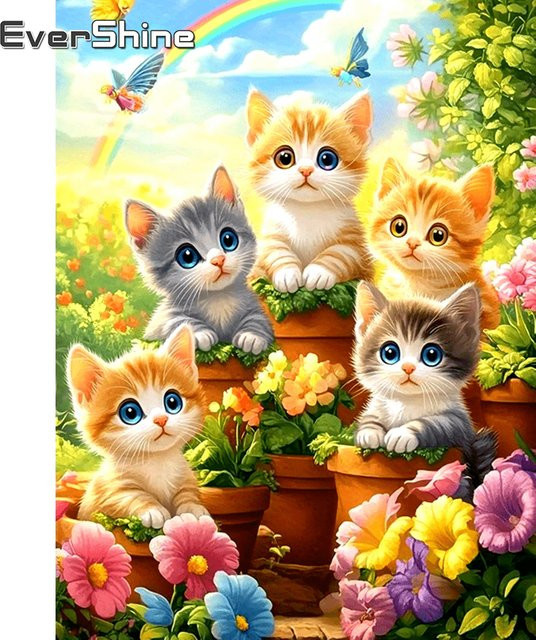 EverShine Diamant-Mosaik DIY Set Katze und Blumen in Multicolour, quadratische Kreuzstich Stickerei zur Wanddekoration, B/H: 20 x 30 cm - Bild 1