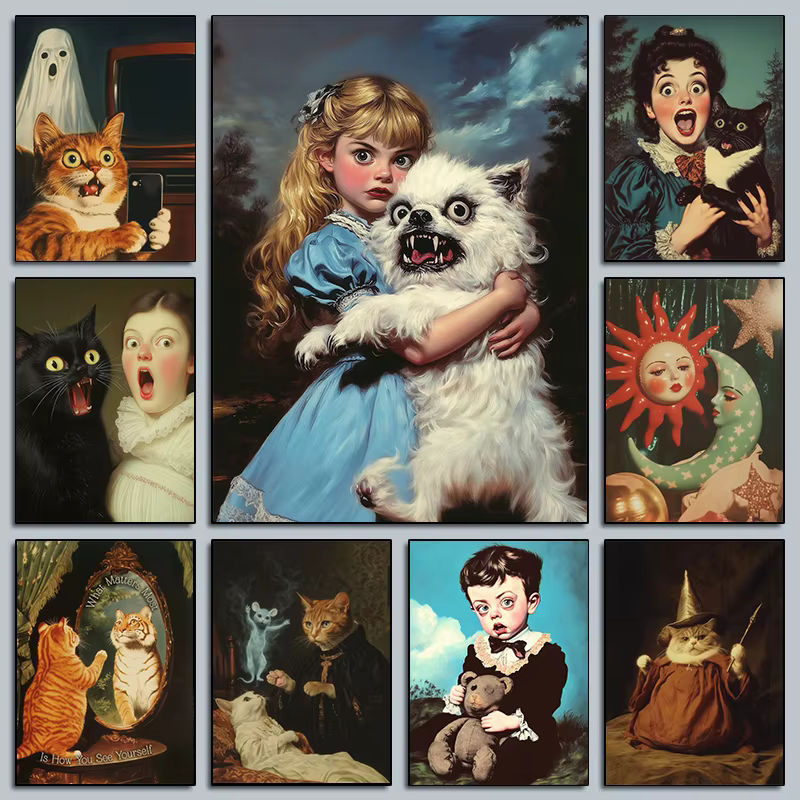 Surreales Tierporträt Leinwandbild Potdemiel mit gruseligem Mädchen und Hund in Mehrfarbig für deine Wanddekoration - Bild 3