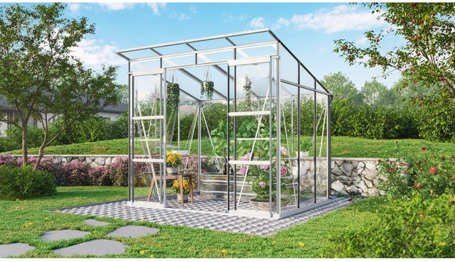 Vitavia Gewächshaus Playa 5900 mit Pultdach aus eloxiertem Aluminium und Sicherheitsglas, 5,9 m² inkl. Fundament und Regenrinnen - Bild 1
