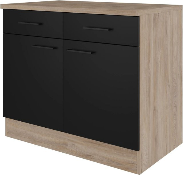 Flex-Well Küchen-Unterschrank Capri in Schwarz Matt mit Endgrain Oak Front, B/H/T: 100 x 85 x 60 cm - Bild 1