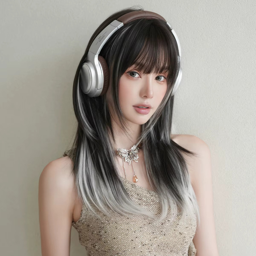 7JHH WIGS Perücke, schulterlang, glatt, schwarz-weiß Ombre, Damen - Bild 2