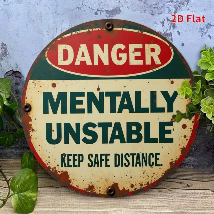 Rundes Metallwarnschild von Potdemiel im Vintage-Stil mit der Aufschrift Gefahr mental instabil in Grün und Gelb mit Blattakzenten, Durchmesser: 20 cm - Bild 4