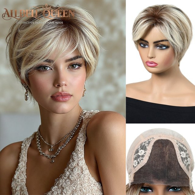 HAIRCUBE Pixie Cut Echthaar Perücke mit Pony, Natürliche Blonde Strähnen, 10 Zoll, Damen - Bild 1