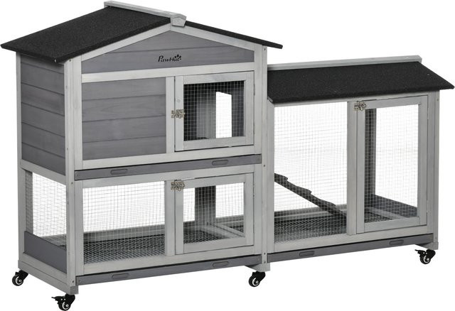 PawHut Kleintierstall Doppelstöckiges Freilaufgehege aus Tannenholz und Stahl in Grau B/T/H: 157,4 x 53,0 x 99,5 cm - Bild 1
