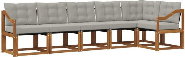 vidaXL Outdoor-Sofagarnitur 6-teilig L-Form aus Akazienholz und Textilene in Grau mit Kissen - Bild 1
