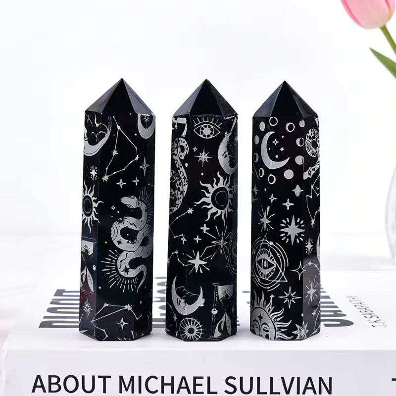 RYCRYSTAL Obsidian-Kristallstab Obelisk in Schwarz und Silber als dekorative Heimdekoration - Bild 4
