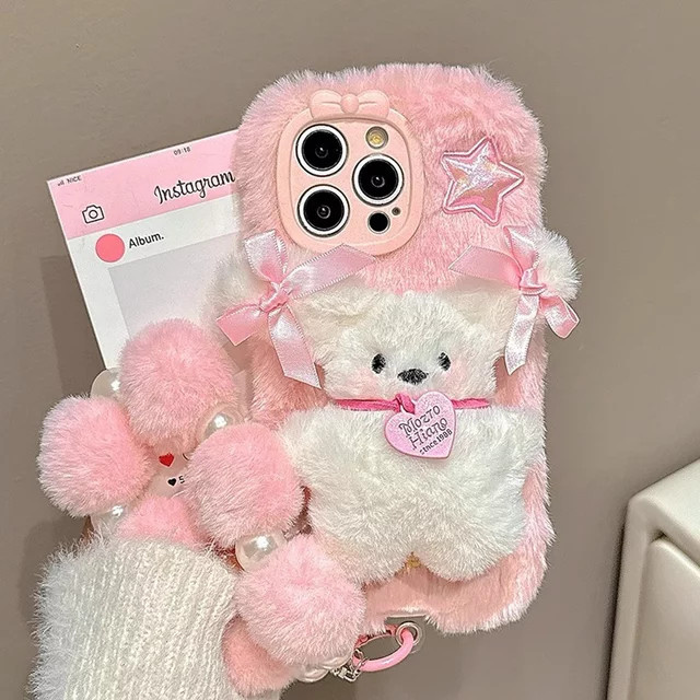 Handyhülle Bowtie Welpe mit Kette für iPhone 16 Pro Max 15 Pro 14 Plus 13 12 11 in Pink - Bild 1