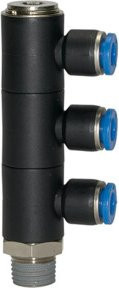 Riegler L-Mehrfachverteiler Blaue Serie, 3-fach, drehbar, Messing, R 1/4 a Ø 6mm, Blau/Schwarz - Bild 1