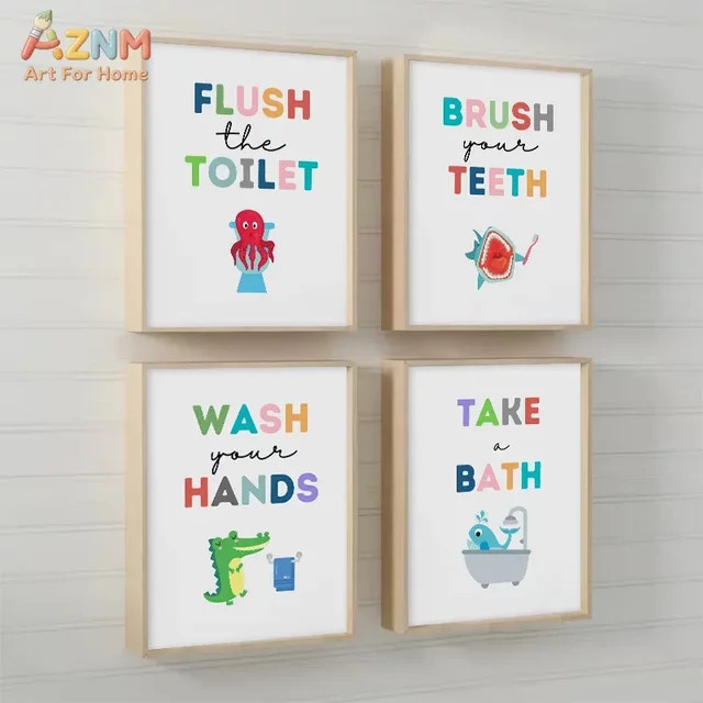 AZNM Bunter Leinwanddruck mit Badezimmerregeln für Kinder, Meerestiere Illustration in Multicolor, Wandposter ohne Rahmen - Bild 1