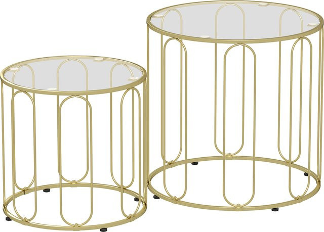 HOMCOM Couchtisch 2er Set rund mit Glasplatte und geometrischem Metallrahmen in Gold und Transparent - Bild 1