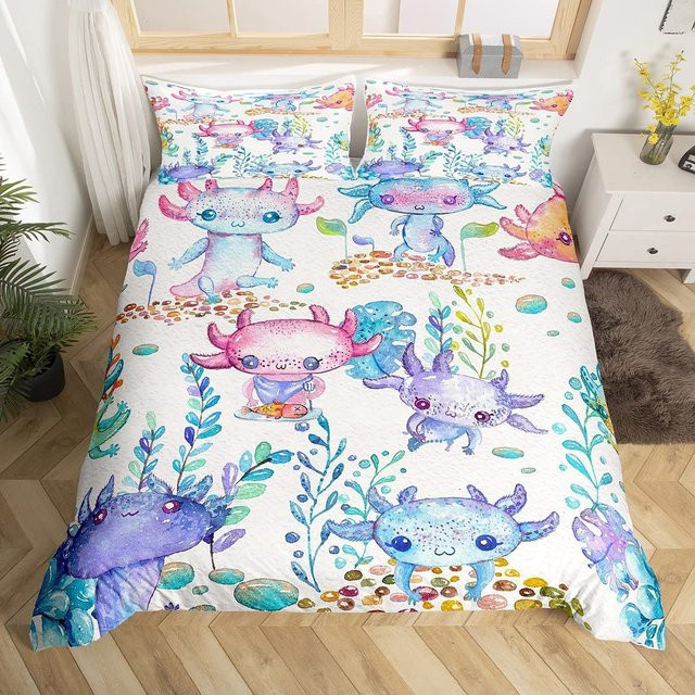 Axolotl Bettwäsche-Set mit Kawaii Reptilien-Motiv, 3-teilig, Mehrfarbig, B/H: 155 x 215 cm - Bild 1