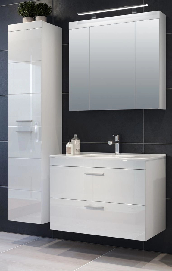 TOP.FURN Badmöbel Set in Weiß Hochglanz mit Waschbecken, Unterschrank, Spiegelschrank und LED-Beleuchtung, Breite: 130 cm, Höhe: 190 cm, Tiefe: 47 cm - Bild 1