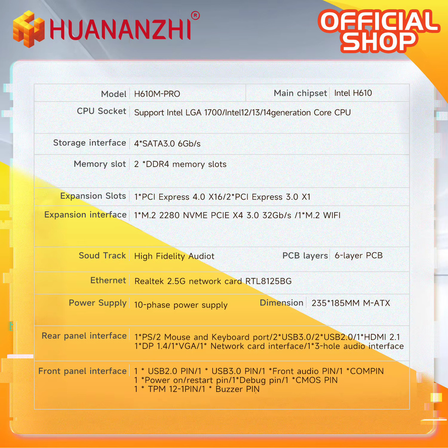 HUANANZHI H610M Pro M-ATX DDR4 Motherboard für Intel LGA 1700 CPUs der 12. und 13. Generation in Schwarz - Bild 3