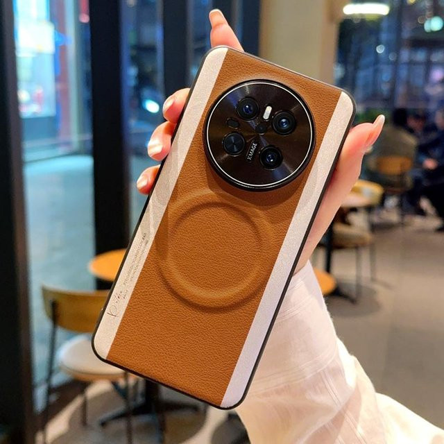 Huawei Mate 70 Pro Plus Handyhülle aus Leder mit Magnetfunktion und dreifarbigem Nahtdesign in Braun - Bild 1