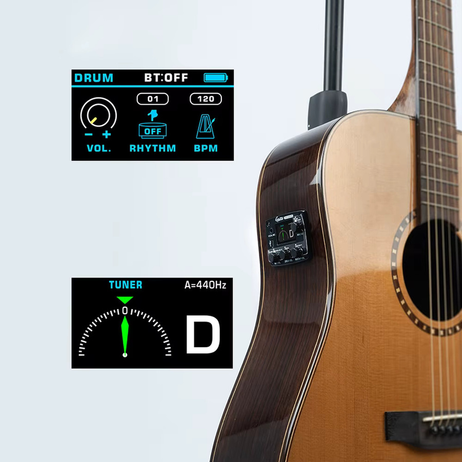 Guitto GGP-05 Akustikgitarren-Multifunktions-Vibrations-Tonabnehmer mit digitalem Live-Stream-EQ und Mikrofon in Schwarz - Bild 2