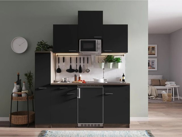 Respekta Singleküche Oliver in Schwarz und Eiche York Nachbildung mit E-Geräten, Breite: 180 cm, Höhe: 145,8 cm, Tiefe: 60 cm