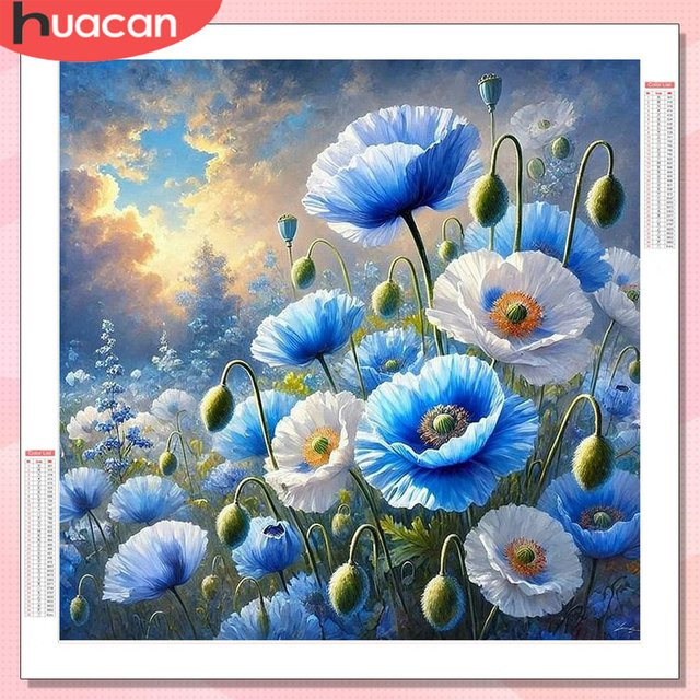 HUACAN Diamond Painting Set Mohnblumen Blumenfeld Landschaft 5D DIY Wandbild in Rot und Blau - Bild 1