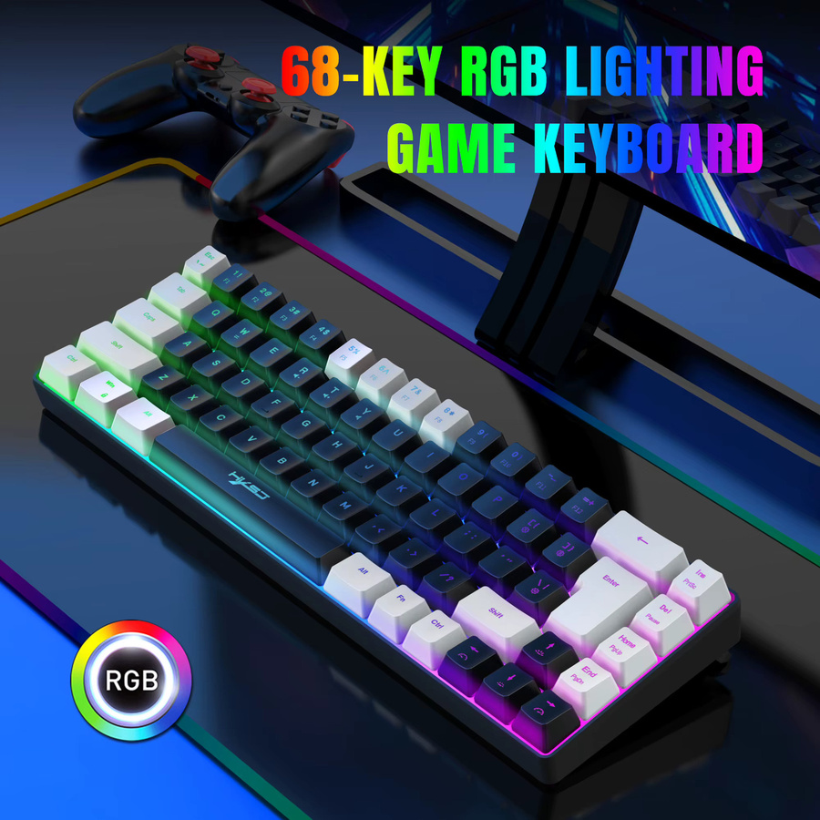 Whxmsh Gaming-Tastatur mit 68 Tasten, RGB-Hintergrundbeleuchtung, USB-Anschluss, Schwarz-Weiß-Tastenkappen für Windows-Laptops und Computer - Bild 5