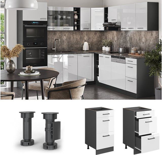 Vicco Küchenunterschrank R-Line Weiß Anthrazit Hochglanz mit Schubladen Breite: 40 cm - Bild 3
