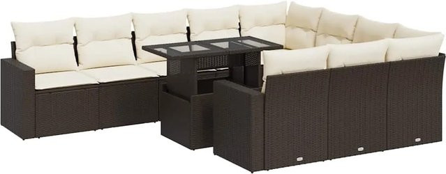 vidaXL 11-tlg. Garten-Sofagarnitur in L-Form aus braunem Poly-Rattan mit Kissen und pulverbeschichtetem Stahlgestell - Bild 1