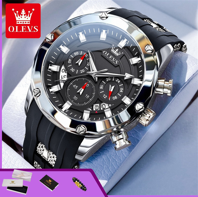 OLEVS Chronograph Herren-Armbanduhr, Quarz, Silikonarmband, Schwarz - Bild 1