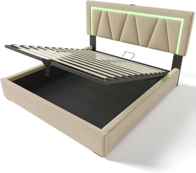 Merax Polsterbett mit LED-Unterbettbeleuchtung und USB-C Ladestation, Stoff, B/T/H: 140 x 200 x 47,2 cm (Unterbau) / Gesamthöhe: 146,5 cm, mit Stauraum durch Lift-up-Funktion, Grau oder Beige - Bild 1