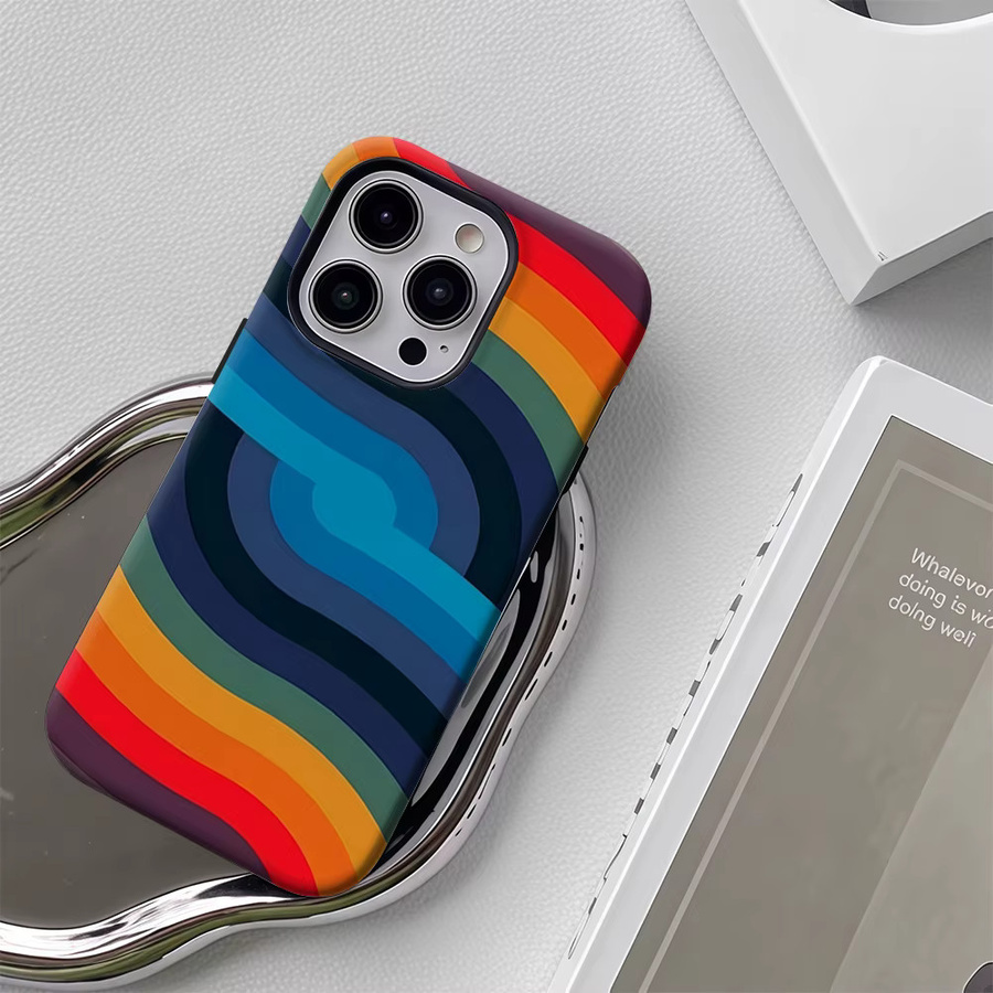 Bunte Handyhülle mit gebogenen Streifen für Apple iPhone Modelle, doppelschichtige Rückseite, Multicolor - Bild 4
