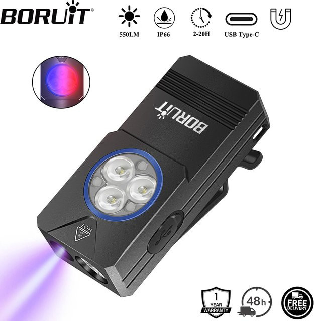 BORUiT EV30 EDC-Schlüsselanhänger Taschenlampe mit 550 Lumen, wiederaufladbare UV-LED-Arbeitsleuchte mit Magnet und Typ-C-Anschluss, Schwarz - Bild 1